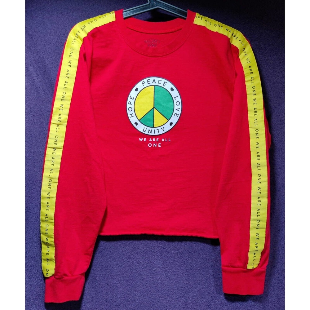 Mighty Fine Women’s Long Sleeve Crop Top We Are All One Peace Sign Graphic Sz xl